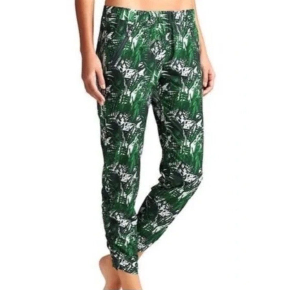 Athleta Aspire Ankle‎ Joggers Women's 12 Green Tropical Palm Leaf Pockets 458280